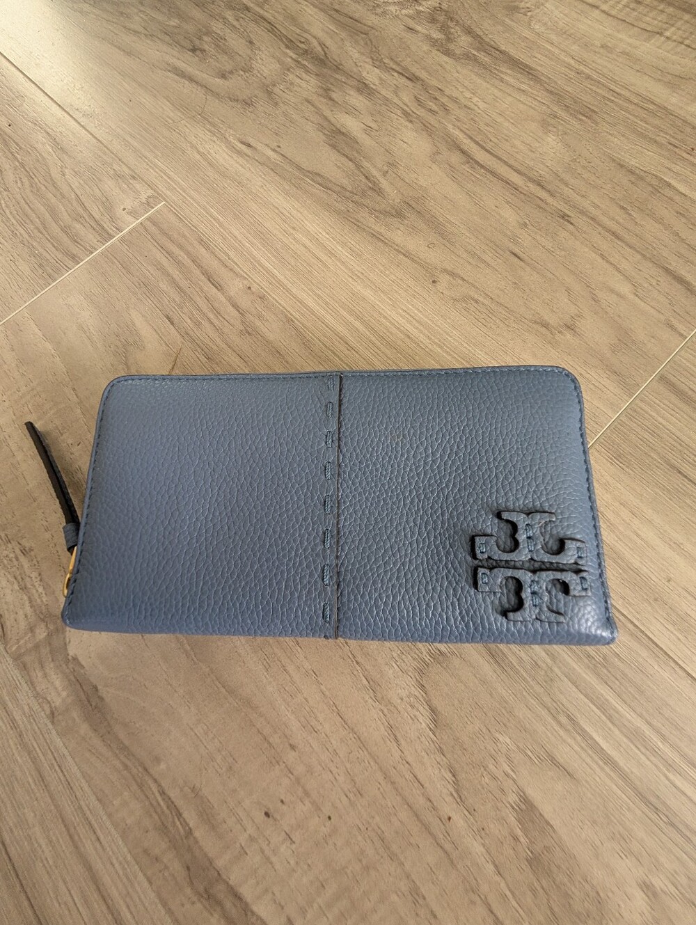 Tory Burch Slate Blue Pebbled Leather Zip Wallet
